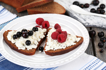 Bread with cottage cheese and berries on plate close-up