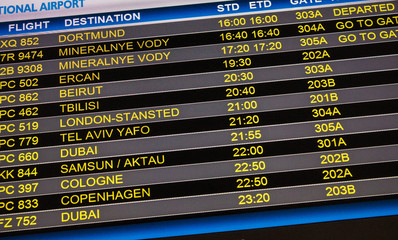 Flights departure information timetable in airport terminal
