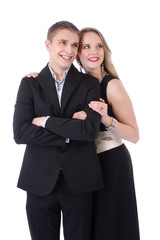 Half length portrait of teenage couple in formal clothes isolate