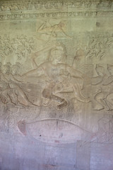 Ancient carvings on walls of Angkor Wat Temple, Cambodia.