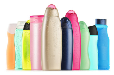 Plastic bottles of body care and beauty products