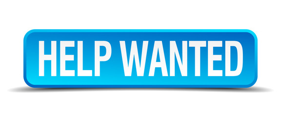 help wanted blue 3d realistic square isolated button