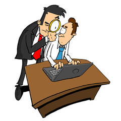 Man spying on man using computer