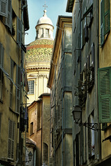 View of old town of Nice, Cathedral Sainte Reparate, France.