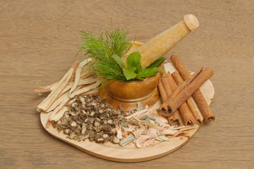 Mortar and pestle with herb
