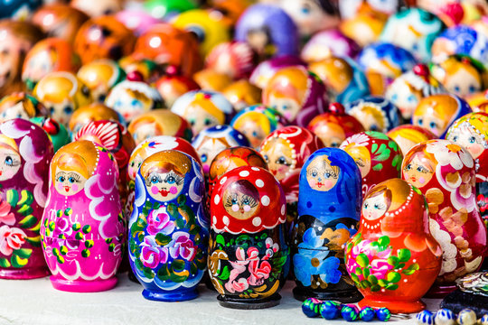 Colorful Russian nesting dolls matreshka at the market.