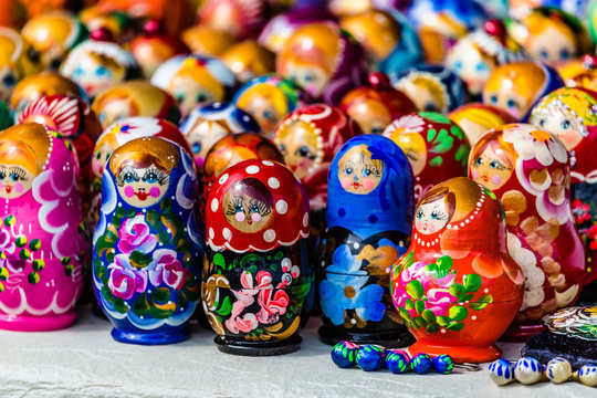 Colorful Russian nesting dolls matreshka at the market.