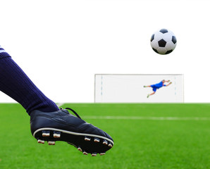 Obraz premium foot kicking soccer ball isolated