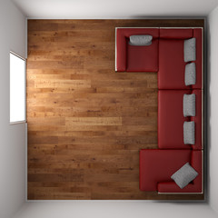 small room with red leather couch top view