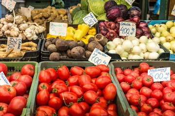 Fresh tomatoes in a market stall in Poland.