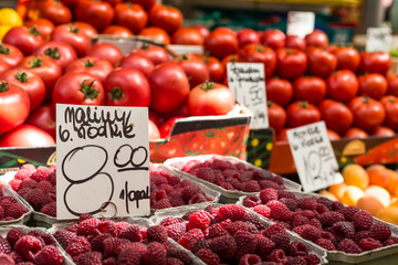 Fresh tomatoes in a market stall in Poland.