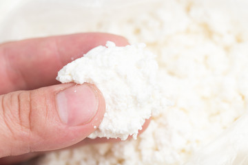 white cottage cheese in hand