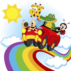 Naklejka premium animals traveling by car over the rainbow - vector, eps