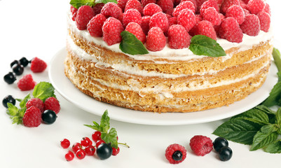 Tasty cake with fresh berries, close up