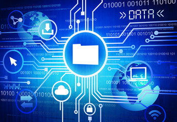Computer Files with Connecting Blue Map