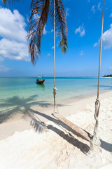 swing, palm tree shadow, boat,  beach