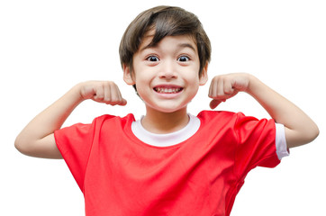Little boy showing his muscles on white background