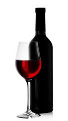 Bottle of red wine with a full glass