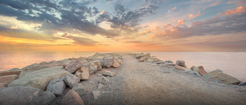 Fototapeta Barceloneta Beach in Barcelona at sunrise