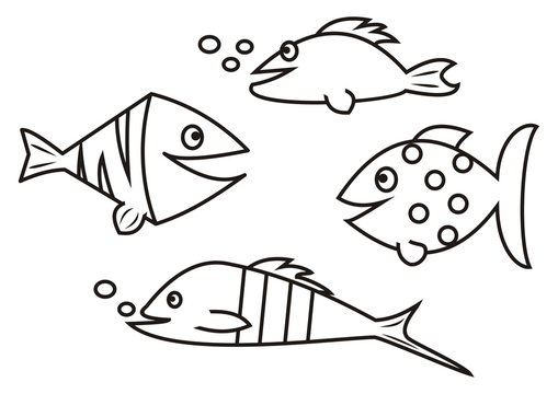 Fishes - coloring book, vector illustration, black and white colors, humorous picture