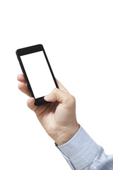 Smart phone in hand with white background isolated