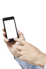 Smart phone in hand with white background isolated