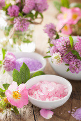 spa with wild rose clover flower salt