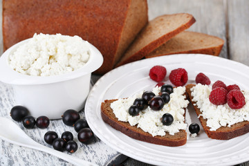 Bread with cottage cheese and berries on plate close-up