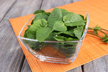 Glass square bowl of mint leaves