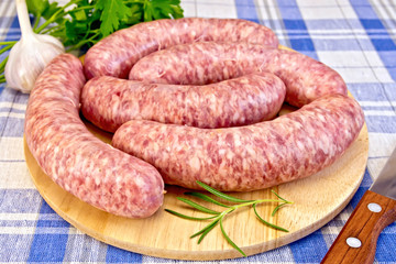 Sausages pork on blue cloth