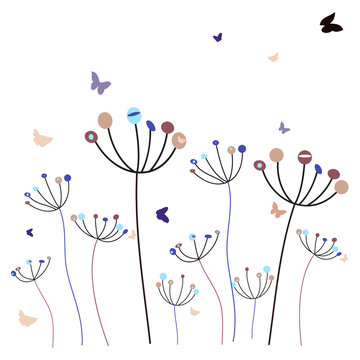 Dandelion flowers and butterflies vector background