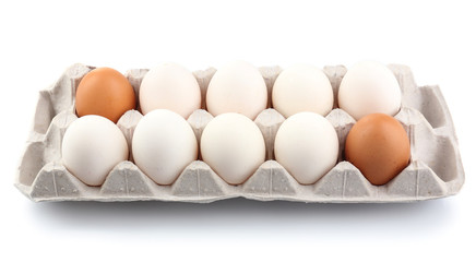 Different eggs in carton pack isolated on white