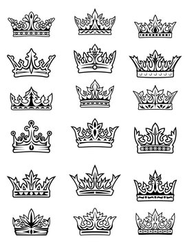 Set of black and white imperial and royal crowns