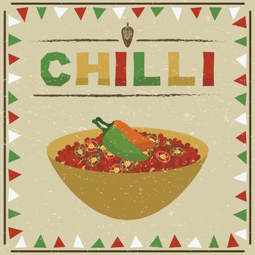 Mexican food beef chilli bowl poster vector clipart with red green white frame