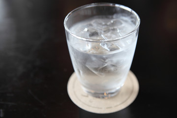 Water in glass in wood background