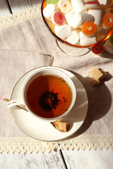 Cup of tea on table, close up
