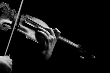 Hand of a woman playing the violin in black and white