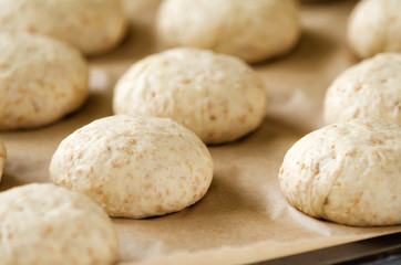 Fototapeta na wymiar Oat bread buns rising on a baking sheet
