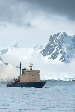 icebreaker which floats on the frozen Strait spring Antarctic