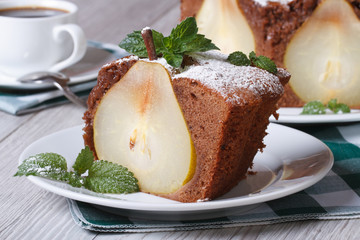 piece of chocolate cake with pears closeup horizontal