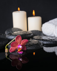 Beautiful spa concept of zen stones with drops, purple orchid (p