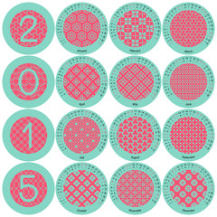 2015 calendar with months in round frame, English