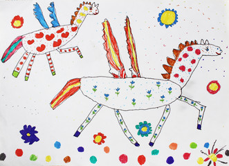 Beautiful Pegasus flying across the sky over flowers