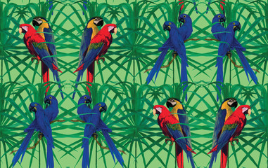 Seamless pattern with macaw parrots sitting on leaves. Hand