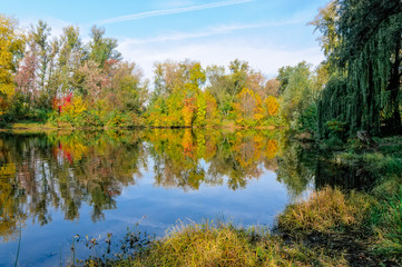 Fototapeta na wymiar Reflection of trees in the lake water in Autumn