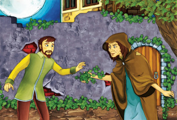 Cartoon illustration of a man talking with an old woman in a herb garden - illustration for children