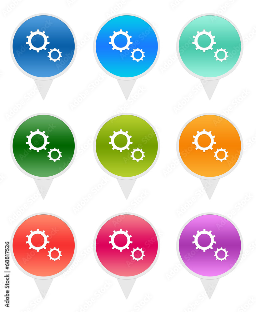 Wall mural colorful rounded icons for markers on maps with gears symbol