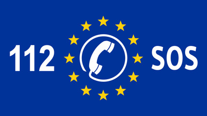 flag of europe with sos telephone number 112 - 16 zu 9 - g1076 - obrazy, fototapety, plakaty