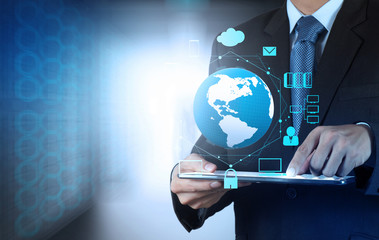 businessman shows modern technology with his team as concept