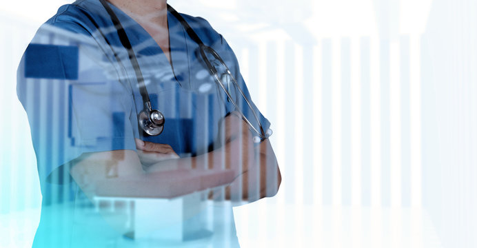 Double exposure of smart medical doctor working with operating r